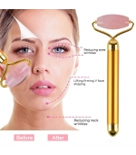 Rola electrica din jad roz, cu maner metalic auriu,  pentru masaj facial, lifting, relaxare, cu vibratii (cod R133B)