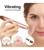 Rola electrica din jad roz, cu maner metalic roz,  pentru masaj facial, lifting, relaxare, cu vibratii (cod R133A)